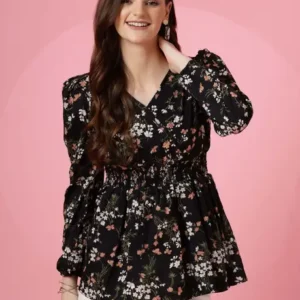 Black Printed Multiflower Top Girls